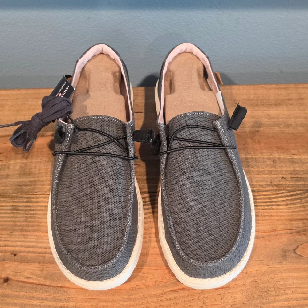 Hey Dude Womens Wendy Chambray Loafers Grey Canvas Slip On Casual Shoes Size 10 - Picture 3 of 12